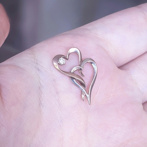 10K solid rose and white gold diamond double heart pendant - Picture 4 of 10